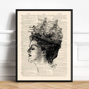 May include: Black and white illustration of a woman's face with a ship sailing out of her head. The image is printed on a vintage dictionary page with text from the dictionary visible around the illustration.
