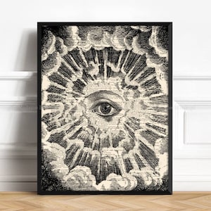 May include: A black and white illustration of an eye surrounded by clouds and rays of light. The eye is looking directly at the viewer. The image is set against a background of text.