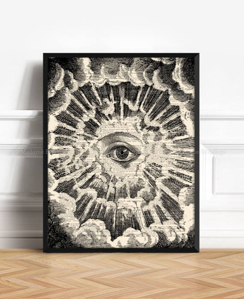 May include: A black and white illustration of an eye surrounded by clouds and rays of light. The eye is looking directly at the viewer. The image is set against a background of text.