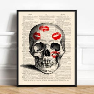 Skull Love, Kissed Skull, Skull Geek Decor, Xmas Poster Gift, Wedding Favor Poster, Kiss Mark Poster, Funny Poster Gift, Cute Office 031