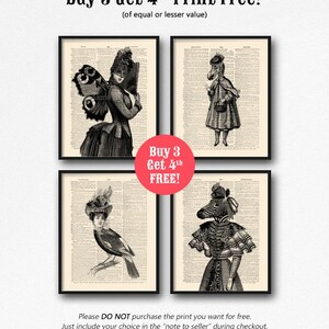 May include: Four black and white printable art prints featuring women with animal heads. The prints are framed and displayed on a white background. The text "Buy 3 Get 4th Print Free!" is displayed at the top of the image. The text "(of equal or lesser value)" is displayed below the first line of text. The text "Buy 3 Get 4th FREE!" is displayed in a red box in the center of the image. The text "Please DO NOT purchase the print you want for free. Just include your choice in the "note to seller" during checkout." is displayed at the bottom of the image.