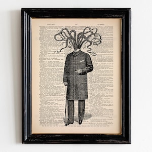 May include: A black and white illustration of a man with an octopus head wearing a suit and holding a cane. The illustration is printed on a vintage book page with text.
