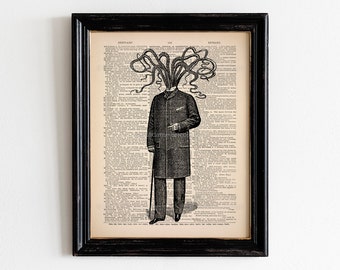 CTHULHU Victorian Gothic Decor Funny Office Decor Necronomicon HP Lovecraft Steampunk Octopus Decor Surreal Art Gift for Geek Wall Art 047
