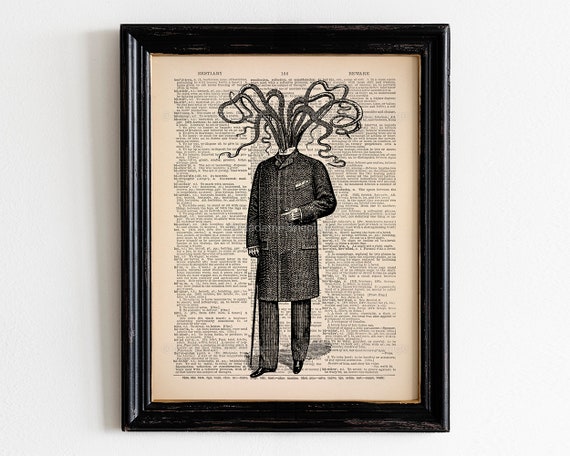 CTHULHU Victorian Gothic Decor Funny Office Decor Necronomicon HP Lovecraft Steampunk Octopus Decor Surreal Art Gift for Geek Wall Art 047
