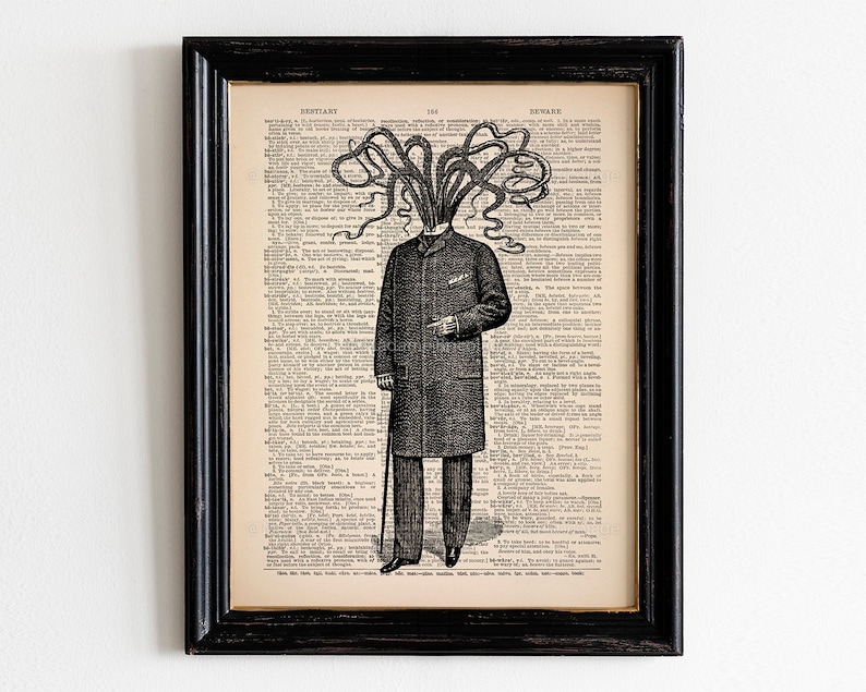 May include: A black and white illustration of a man with an octopus head wearing a suit and holding a cane. The illustration is printed on a vintage book page with text.