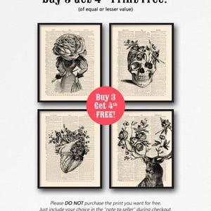 Puede incluir: Cuatro impresiones de arte imprimibles en blanco y negro que representan un cr&aacute;neo, un coraz&oacute;n, un ciervo y una mujer con rosas. Las impresiones est&aacute;n enmarcadas y se muestran sobre un fondo blanco. El texto "Buy 3 Get 4th Print Free!" se muestra sobre las impresiones. El texto "(of equal or lesser value)" se muestra debajo del texto "Buy 3 Get 4th Print Free!" El texto "Buy 3 Get 4th FREE!" se muestra en un c&iacute;rculo rojo en el centro de la imagen.