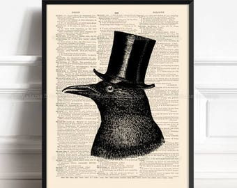 Black Raven Print, Black Raven, Gothic Black Bird, Animal Man Print, Gifts For Her, Funny Animal Gift, Nursery Poster Bird, Top Hat  100