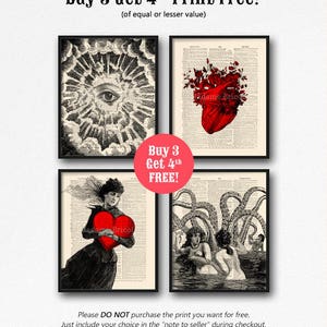 May include: Four vintage-style prints featuring black and white illustrations on a cream background. The prints feature an eye, a heart, a woman holding a heart, and two women with an octopus. The text "Buy 3 Get 4th FREE!" is in red.