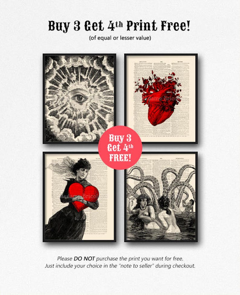May include: Four vintage-style prints featuring black and white illustrations on a cream background. The prints feature an eye, a heart, a woman holding a heart, and two women with an octopus. The text "Buy 3 Get 4th FREE!" is in red.