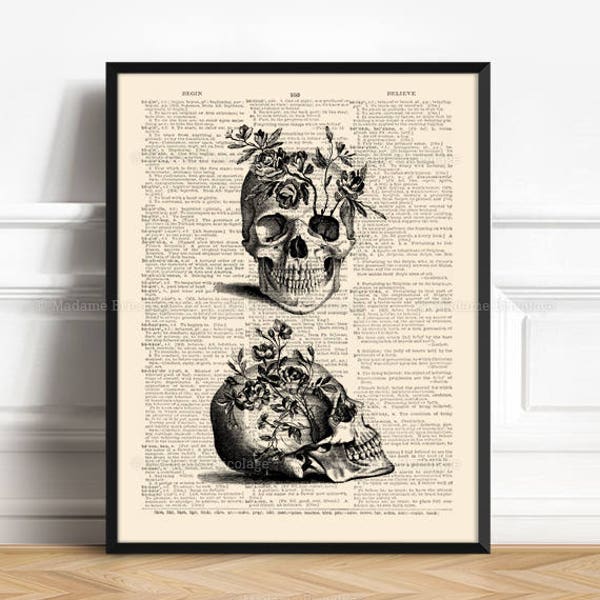 Skull Flowers Print, Gifts For Husband, Skull Head Print, Geekery Skull Poster, Funny Office Print, Nerd Room Decor, Dictionary Poster,  167