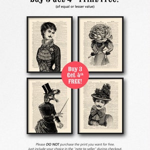 May include: Four black and white vintage style illustrations of people with animal heads. The illustrations are framed and displayed on a white background. The text "Buy 3 Get 4th Print Free!" is displayed above the images. The text "(of equal or lesser value)" is displayed below the text "Buy 3 Get 4th Print Free!" The text "Buy 3 Get 4th FREE!" is displayed in a red box in the center of the image. The text "Please DO NOT purchase the print you want for free. Just include your choice in the "note to seller" during checkout." is displayed below the images.