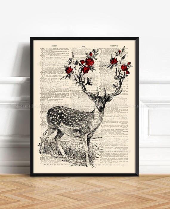 Stag Home Decor Deer Antler Deer And Roses Girlfriend Xmas Etsy