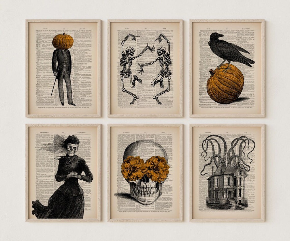 Set of 6 Vintage Halloween Prints Halloween Decor Skeleton image 0