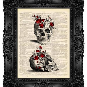 Skull with Red Roses Skull Artwork Illustration Floral Skull Drawing Skull Tattoo Skull Wall Decor Skull Gothic Book Art Page Print 515