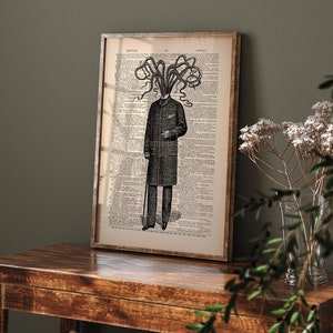 May include: A black and white illustration of a man with an octopus head wearing a coat and holding a cane. The illustration is printed on a vintage dictionary page.
