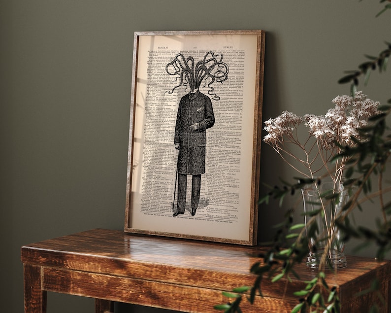 May include: A black and white illustration of a man with an octopus head wearing a coat and holding a cane. The illustration is printed on a vintage dictionary page.