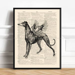 Puede incluir: Ilustraci&oacute;n en blanco y negro de un galgo con alas en una p&aacute;gina de diccionario vintage. El texto de la p&aacute;gina incluye las palabras "Begin", "Bid" y "Believe".
