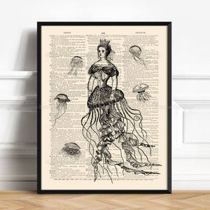 May include: A black and white illustration of a woman dressed as a jellyfish. The woman is wearing a crown and a long, flowing dress. The jellyfish tentacles are made of text from an old book.