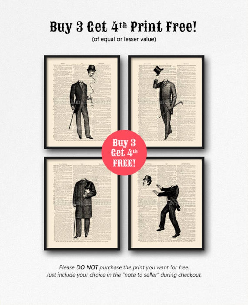 K&ouml;nnte beinhalten: Vier Schwarzwei&szlig;illustrationen von M&auml;nnern in Vintage-Kleidung, jede mit einem anderen Hut. Der Text "Buy 3 Get 4th Print Free!" befindet sich oben im Bild. Der Text "Buy 3 Get 4th FREE!" befindet sich in einem roten Kreis in der Mitte des Bildes. Der Text "Please DO NOT purchase the print you want for free. Just include your choice in the "note to seller" during checkout." befindet sich unten im Bild.