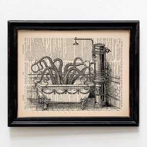 Octopus in Bathtub Art Print, Funny Victorian Bathroom Wall Decor, Victorian Animals, Vintage Animal Prints, Tentacle Cthulhu Decor 078