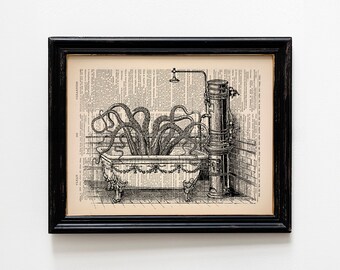 Pulpo en bañera lámina, divertida decoración de pared de baño victoriano, animales victorianos, estampados de animales vintage, decoración de tentáculo Cthulhu 078
