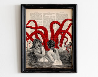 Red Octopus Bathroom Decor Kraken Decor Octopus Bathroom Art Octopus Tentacle Bathroom Art Poster Rustic Bathroom College Unique Gift 510