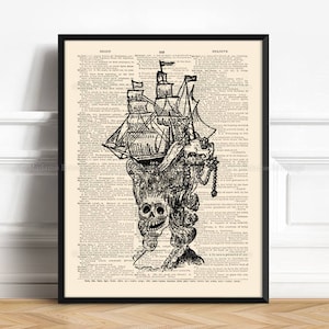 May include: A black and white illustration of a skull wearing a large, elaborate wig with a ship on top. The image is printed on a vintage dictionary page.