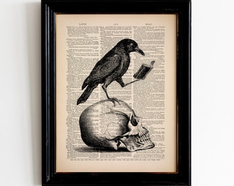 Skull with Raven Edgar Allan Poe Raven Nevermore Book Reading Crow Black Bird Gothic Poster Gift for Book Lover Gift for Goth Halloween 542