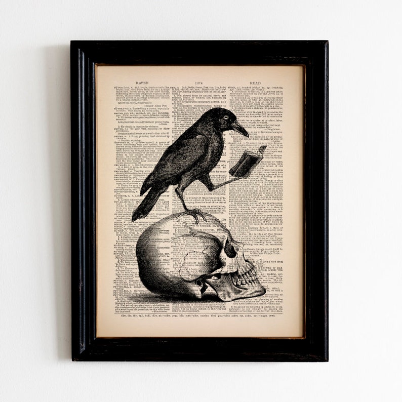 Skull with Raven Edgar Allan Poe Raven Nevermore Book Reading Crow Black Bird Gothic Poster Gift for Book Lover Gift for Goth Halloween 542 