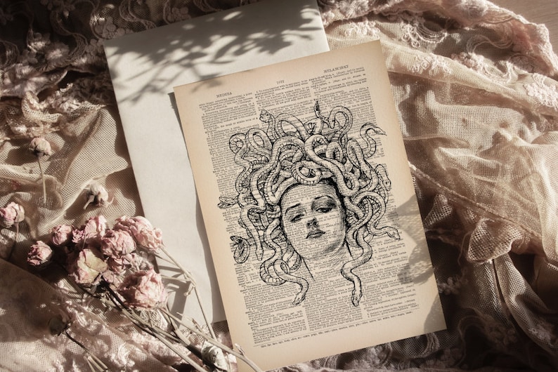 May include: A black and white illustration of Medusa, a mythical Greek figure with snakes for hair, on a vintage book page.