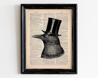 Gothic Raven Print, Victorian Crow Poster, Dark Academia Art, Goth Illustration, Black and White Artwork, Home Decor, Dictionary Art 100