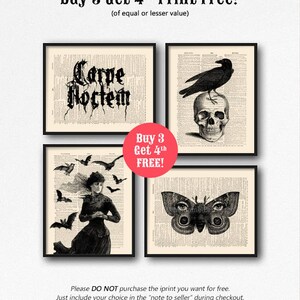 Puede incluir: Cuatro impresiones de arte imprimibles en blanco y negro con temas g&oacute;ticos. Las impresiones presentan un cuervo posado en un cr&aacute;neo, una mujer con murci&eacute;lagos volando a su alrededor, una mariposa con ojos y el texto "Carpe Noctem". Compra 3, obt&eacute;n la 4&ordf; gratis.