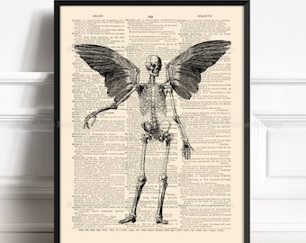 Skeleton Angel, Mythical Creature, Mythical Animal, Love Him Gift, Animal Anatomy Decor, Cool Dictionary Art, Halloween Poster 124