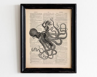 Octopus Frenzy, Steampunk Wall Decor, Steam Punk Wall Art, Steampunk Octopus Art Print op woordenboekpagina Girlfriend Gift Funny Wall Art 482