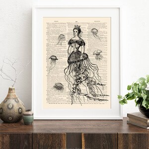 May include: A black and white illustration of a woman wearing a jellyfish dress. The dress is made of jellyfish tentacles and the woman is wearing a crown. The illustration is printed on a vintage book page.