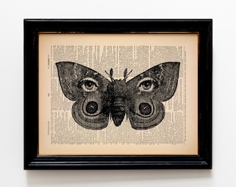 Surreal Moth Print Surreal Moth Art Surrealism Print Victorian Gothic Home Decor Spooky Home Decor Wall Weird Eye Anthropomorphic Art 080