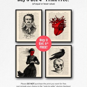 May include: Four framed prints with black and white backgrounds and red accents. The prints feature a portrait of Edgar Allan Poe, a human heart with flowers, a woman with a red face, and a raven perched on a skull. The text "Buy 3 Get 4th FREE!" is displayed in red.