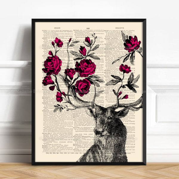 Rose Antler Flowers, Romantic Gift, Deer Antler Decor, Deer And Roses, Grandpa Xmas Gift, Mom Gift Print, Entryway Print, Home Dorm Wall 095