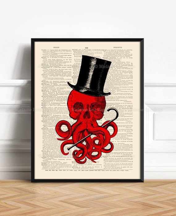 Call Of Cthulhu, Boyfriend Gift Print, Book Lover Poster, HP Lovecraft, Gothic Wall Hanging, Kraken Art Print, Cool Octopus, Weird Art 475