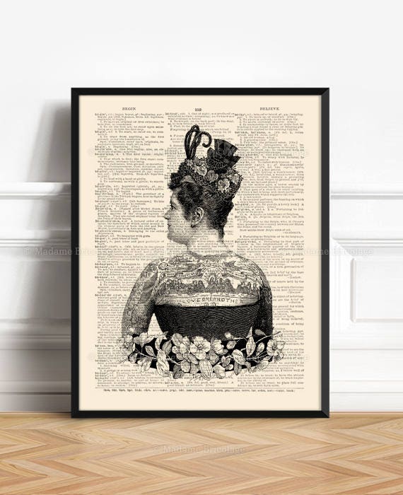 Tattooed Woman, Sister Gift, Tattooist Gift, Tattoo Print Poster, Gothic Wall Decor, Xmas Print Gift Victorian Wall Decor Wall Art Print 491