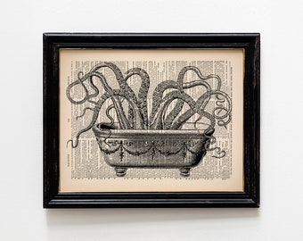 Arte de la pared del pulpo del baño, regalo del hermano, impresión divertida del pulpo, arte divertido del baño, collage surrealista vintage, regalo de inauguración de la casa victoriana 079