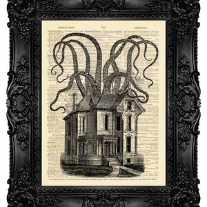 May include: A black and white illustration of a house with an octopus wrapped around it. The image is printed on a vintage book page with text that reads "IMMEDIATEISM" and "IMMORTAL".
