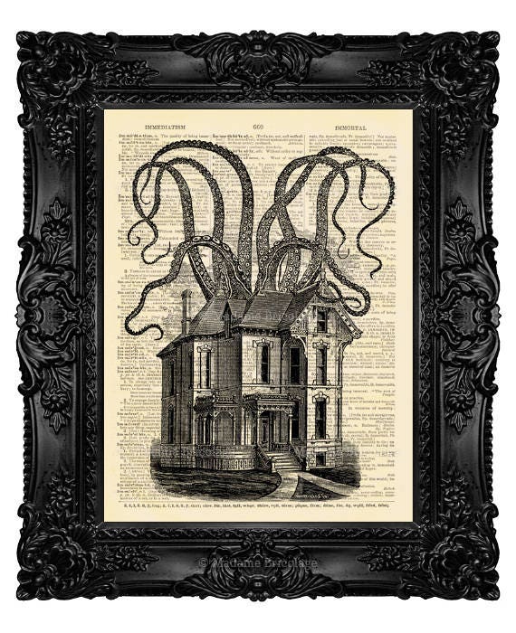 Haunted House Decor, Halloween Print Gift, Cthulhu Decor, College Dorm Print, Funny Bathroom Art, Bathroom Wall Decor, Octopus Poster 509