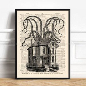 May include: Black and white illustration of a house with an octopus wrapped around it. The octopus's tentacles are reaching up and out, and the house is in the center of the image. The image is printed on a page of a book with text.