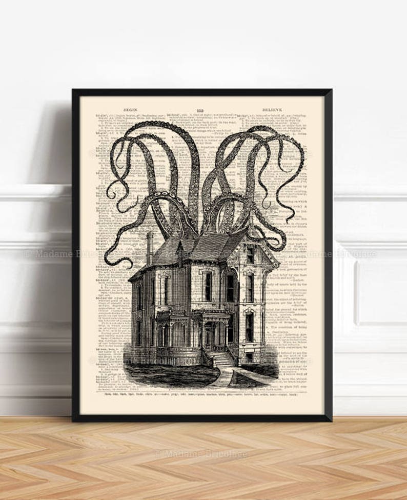 May include: Black and white illustration of a house with an octopus wrapped around it. The octopus's tentacles are reaching up and out, and the house is in the center of the image. The image is printed on a page of a book with text.