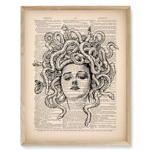 May include: Black and white illustration of Medusa, a Greek mythological figure, with snakes for hair. The illustration is superimposed on a vintage dictionary page with text about "felicity" and "femininity".