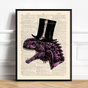 May include: A pink dinosaur wearing a black top hat. The dinosaur is printed on a vintage dictionary page.