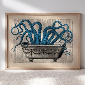 May include: A vintage style illustration of a blue octopus in a white bathtub on a page of a book. The octopus's tentacles are curled around the edges of the tub.