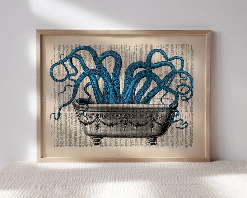 May include: A vintage style illustration of a blue octopus in a white bathtub on a page of a book. The octopus's tentacles are curled around the edges of the tub.