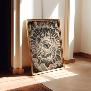 May include: A black and white vintage illustration of an eye surrounded by clouds and rays of light. The eye is set against a background of text, creating a unique and intriguing design.